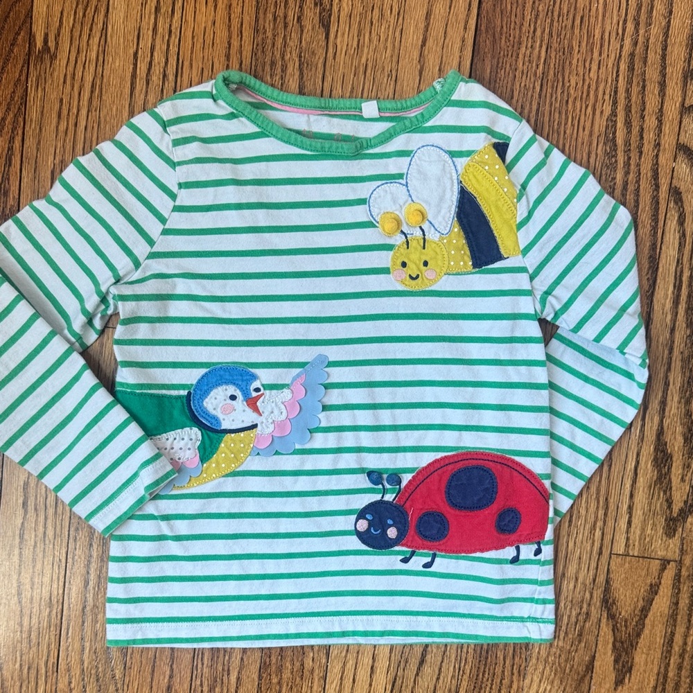 Mini Boden Girls Green Striped Long-Sleeve Top with Bug Appliqués 6-7Y